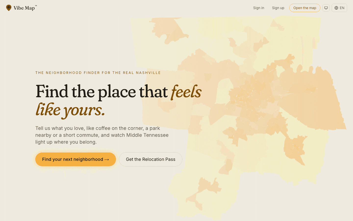 Vibe Map's home page: the headline “Find the place that feels like yours” over a map of Middle Tennessee neighborhoods.
